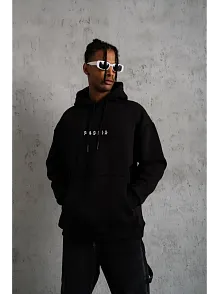 Erkek 3 İplik Pamuklu Kapüşonlu Baskılı Cepli Oversize Sweatshirt Hoodie - Siyah