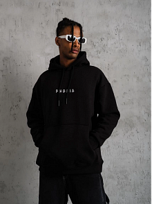 Erkek 3 İplik Pamuklu Kapüşonlu Baskılı Cepli Oversize Sweatshirt Hoodie - Siyah