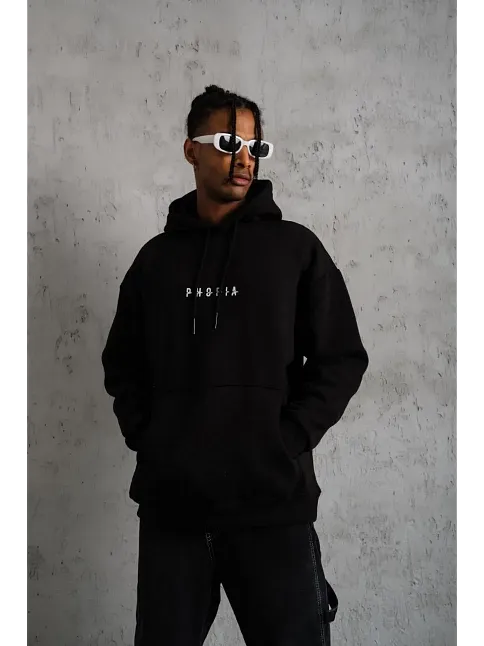 Erkek 3 İplik Pamuklu Kapüşonlu Baskılı Cepli Oversize Sweatshirt Hoodie - Siyah