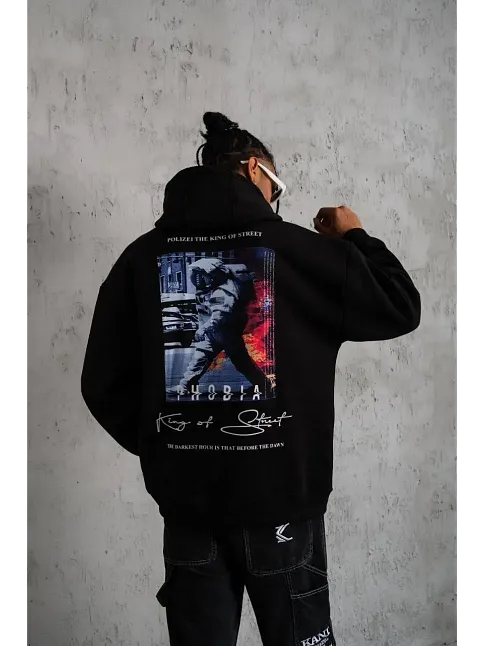 Erkek 3 İplik Pamuklu Kapüşonlu Baskılı Cepli Oversize Sweatshirt Hoodie - Siyah
