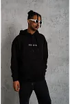 Erkek 3 İplik Pamuklu Kapüşonlu Baskılı Cepli Oversize Sweatshirt Hoodie - Siyah