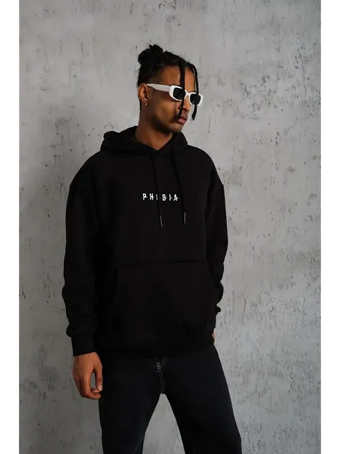 Erkek 3 İplik Pamuklu Kapüşonlu Baskılı Cepli Oversize Sweatshirt Hoodie - Siyah