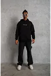 Erkek 3 İplik Pamuklu Kapüşonlu Baskılı Cepli Oversize Sweatshirt Hoodie - Siyah