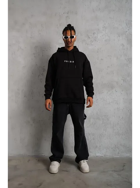 Erkek 3 İplik Pamuklu Kapüşonlu Baskılı Cepli Oversize Sweatshirt Hoodie - Siyah