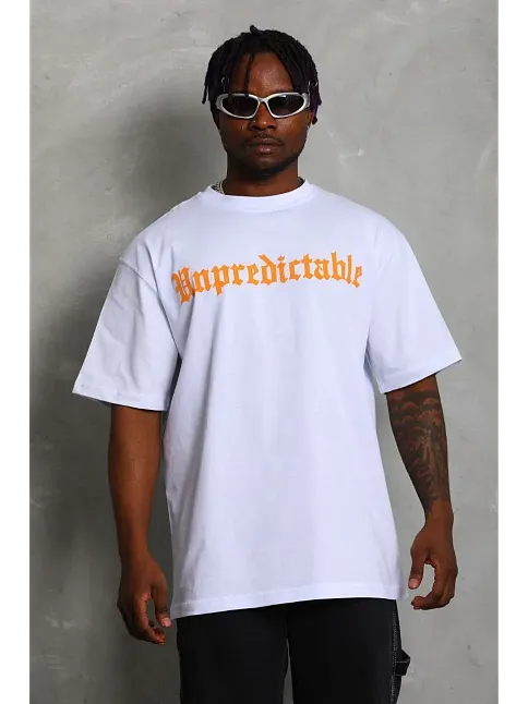 Erkek Baskılı Tişört Kısa Kol Bisiklet Yaka Oversize T-shirt - Beyaz