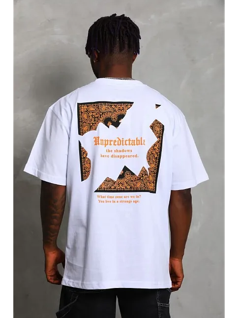 Erkek Baskılı Tişört Kısa Kol Bisiklet Yaka Oversize T-shirt - Beyaz