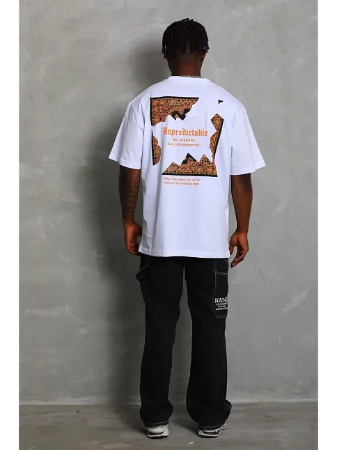 Erkek Baskılı Tişört Kısa Kol Bisiklet Yaka Oversize T-shirt - Beyaz