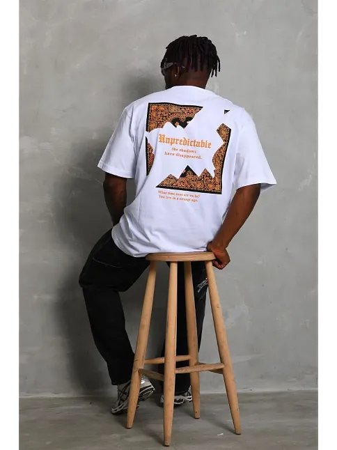 Erkek Baskılı Tişört Kısa Kol Bisiklet Yaka Oversize T-shirt - Beyaz