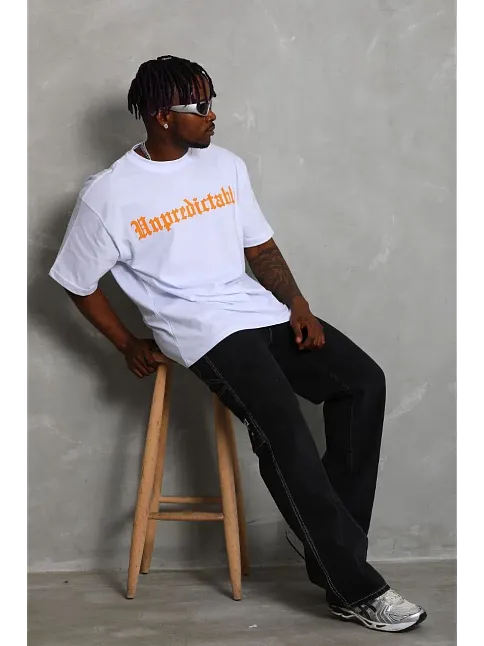 Erkek Baskılı Tişört Kısa Kol Bisiklet Yaka Oversize T-shirt - Beyaz