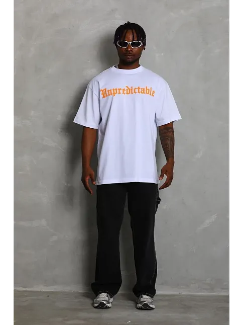 Erkek Baskılı Tişört Kısa Kol Bisiklet Yaka Oversize T-shirt - Beyaz