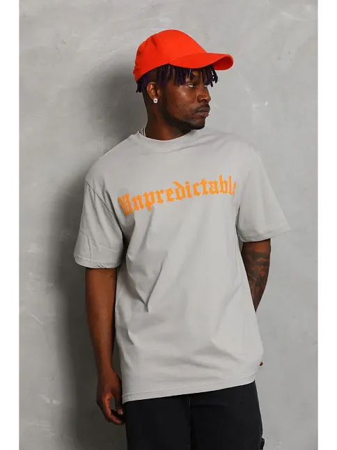 Erkek Baskılı Tişört Kısa Kol Bisiklet Yaka Oversize T-shirt - Gri