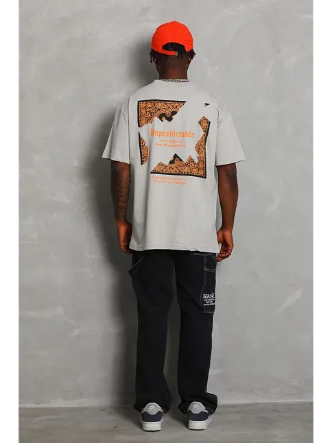 Erkek Baskılı Tişört Kısa Kol Bisiklet Yaka Oversize T-shirt - Gri