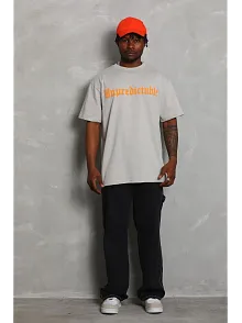 Erkek Baskılı Tişört Kısa Kol Bisiklet Yaka Oversize T-shirt - Gri