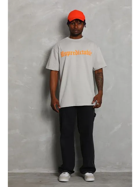 Erkek Baskılı Tişört Kısa Kol Bisiklet Yaka Oversize T-shirt - Gri