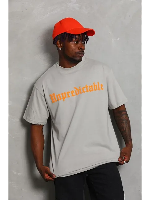 Erkek Baskılı Tişört Kısa Kol Bisiklet Yaka Oversize T-shirt - Gri