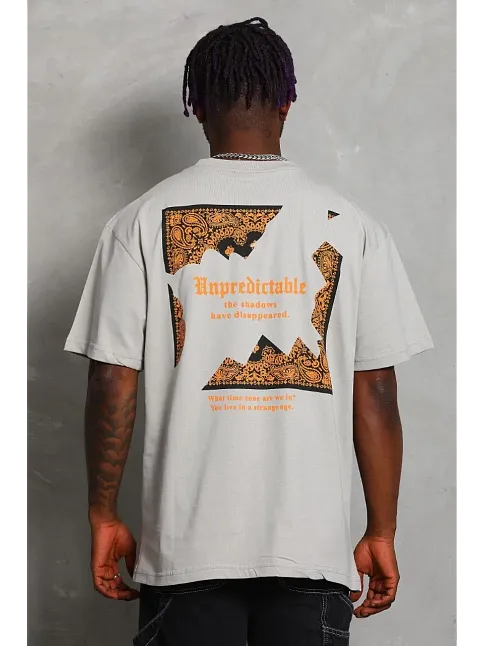 Erkek Baskılı Tişört Kısa Kol Bisiklet Yaka Oversize T-shirt - Gri