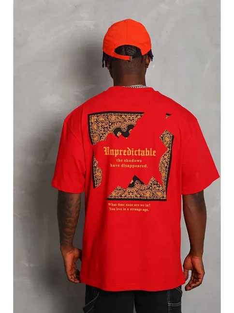 Erkek Baskılı Tişört Kısa Kol Bisiklet Yaka Oversize T-shirt - Kırmızı