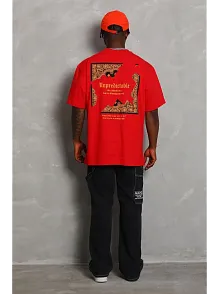 Erkek Baskılı Tişört Kısa Kol Bisiklet Yaka Oversize T-shirt - Kırmızı