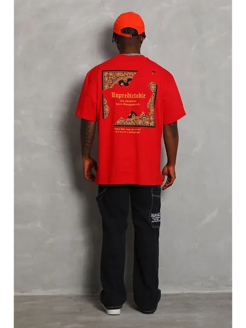 Erkek Baskılı Tişört Kısa Kol Bisiklet Yaka Oversize T-shirt - Kırmızı