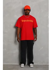 Erkek Baskılı Tişört Kısa Kol Bisiklet Yaka Oversize T-shirt - Kırmızı