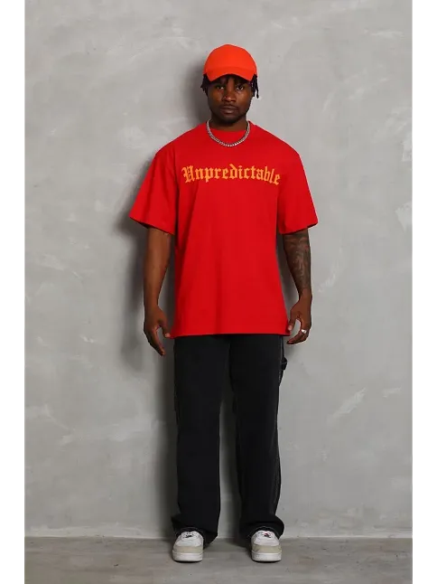 Erkek Baskılı Tişört Kısa Kol Bisiklet Yaka Oversize T-shirt - Kırmızı