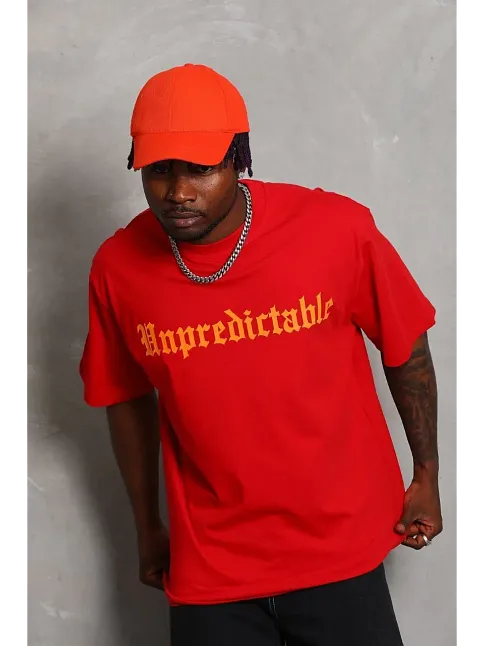 Erkek Baskılı Tişört Kısa Kol Bisiklet Yaka Oversize T-shirt - Kırmızı