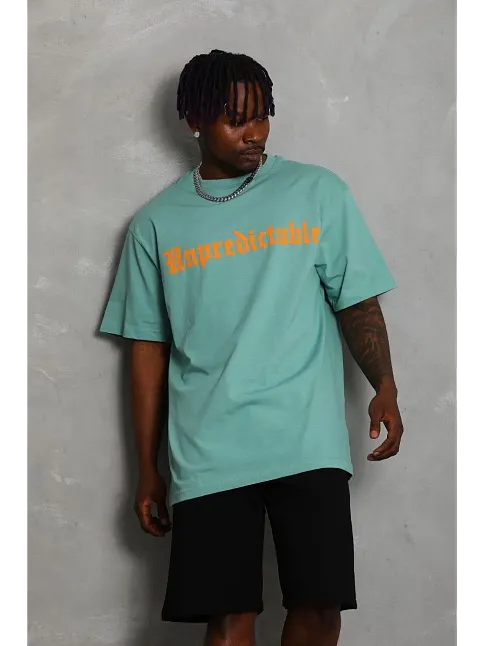 Erkek Baskılı Tişört Kısa Kol Bisiklet Yaka Oversize T-shirt - Mint Yeşili