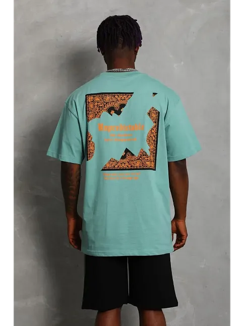 Erkek Baskılı Tişört Kısa Kol Bisiklet Yaka Oversize T-shirt - Mint Yeşili