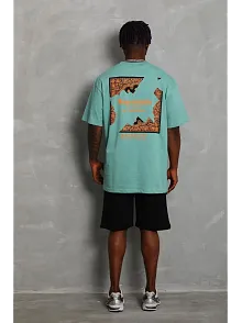 Erkek Baskılı Tişört Kısa Kol Bisiklet Yaka Oversize T-shirt - Mint Yeşili