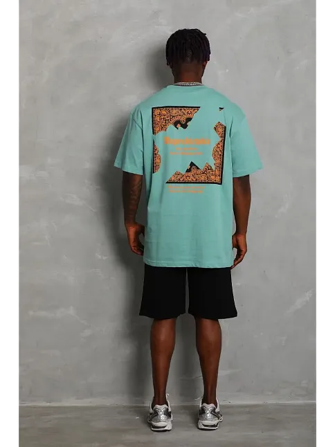 Erkek Baskılı Tişört Kısa Kol Bisiklet Yaka Oversize T-shirt - Mint Yeşili