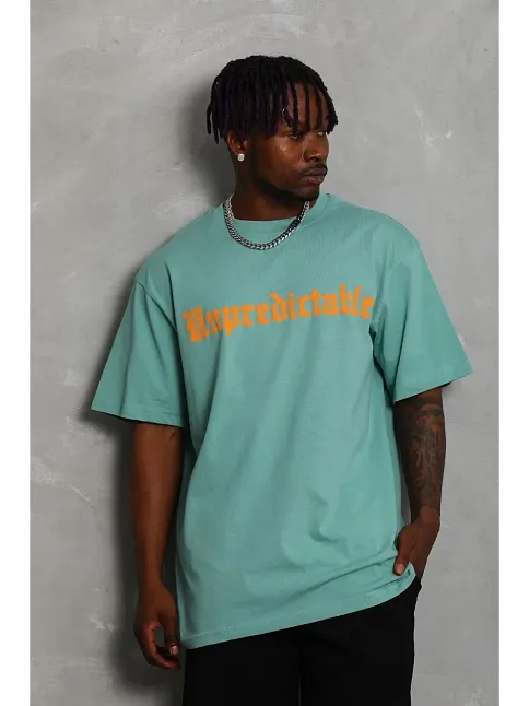 Erkek Baskılı Tişört Kısa Kol Bisiklet Yaka Oversize T-shirt - Mint Yeşili