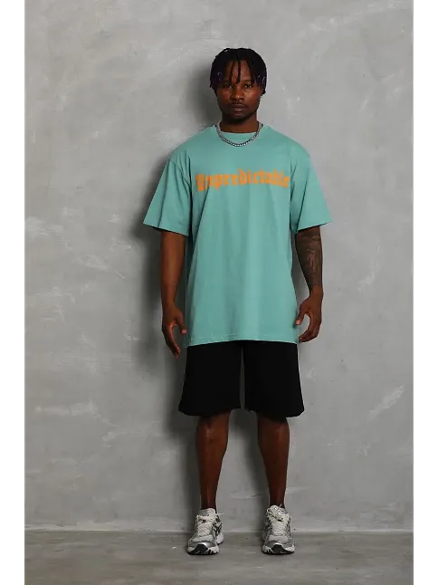 Erkek Baskılı Tişört Kısa Kol Bisiklet Yaka Oversize T-shirt - Mint Yeşili