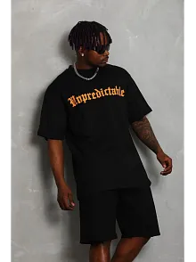 Erkek Baskılı Tişört Kısa Kol Bisiklet Yaka Oversize T-shirt - Siyah