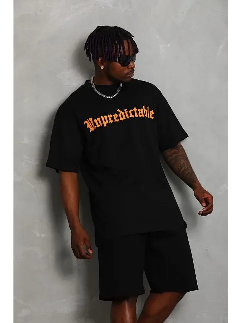 Erkek Baskılı Tişört Kısa Kol Bisiklet Yaka Oversize T-shirt - Siyah
