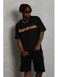 Erkek Baskılı Tişört Kısa Kol Bisiklet Yaka Oversize T-shirt - Siyah