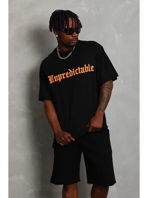 Erkek Baskılı Tişört Kısa Kol Bisiklet Yaka Oversize T-shirt - Siyah