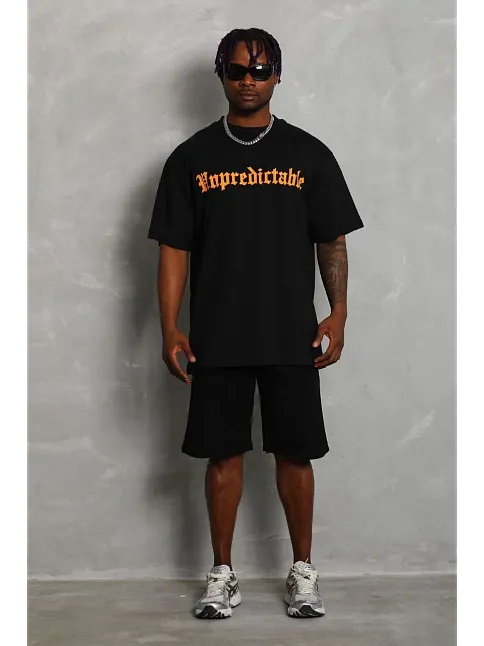 Erkek Baskılı Tişört Kısa Kol Bisiklet Yaka Oversize T-shirt - Siyah
