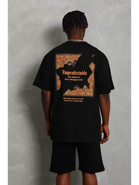 Erkek Baskılı Tişört Kısa Kol Bisiklet Yaka Oversize T-shirt - Siyah