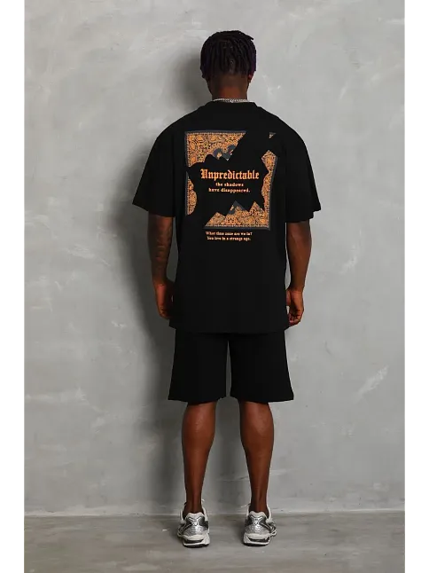 Erkek Baskılı Tişört Kısa Kol Bisiklet Yaka Oversize T-shirt - Siyah