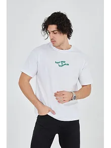 Erkek Baskılı T-shirt Kısa Kol Bisiklet Yaka Regular Fit Rahat Kalıp Günlük Tişört - Beyaz