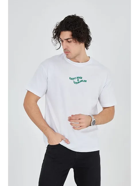 Erkek Baskılı T-shirt Kısa Kol Bisiklet Yaka Regular Fit Rahat Kalıp Günlük Tişört - Beyaz