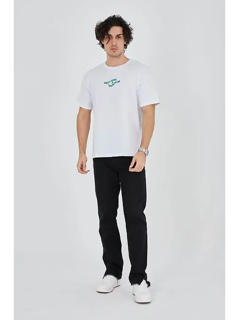 Erkek Baskılı T-shirt Kısa Kol Bisiklet Yaka Regular Fit Rahat Kalıp Günlük Tişört - Beyaz