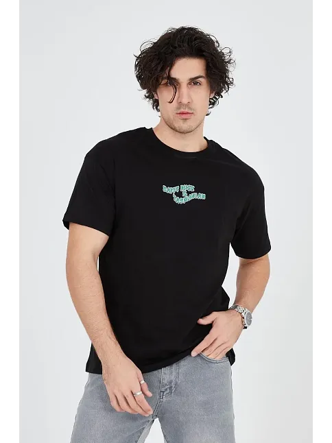 Erkek Baskılı T-shirt Kısa Kol Bisiklet Yaka Regular Fit Rahat Kalıp Günlük Tişört - Siyah