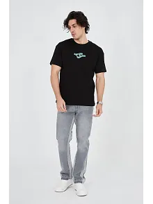 Erkek Baskılı T-shirt Kısa Kol Bisiklet Yaka Regular Fit Rahat Kalıp Günlük Tişört - Siyah