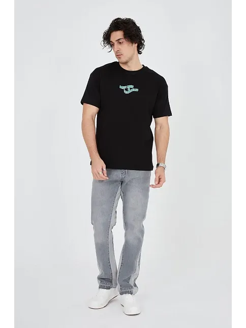 Erkek Baskılı T-shirt Kısa Kol Bisiklet Yaka Regular Fit Rahat Kalıp Günlük Tişört - Siyah