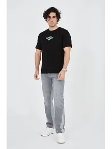 Erkek Baskılı T-shirt Kısa Kol Bisiklet Yaka Regular Fit Rahat Kalıp Günlük Tişört - Siyah