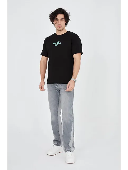 Erkek Baskılı T-shirt Kısa Kol Bisiklet Yaka Regular Fit Rahat Kalıp Günlük Tişört - Siyah