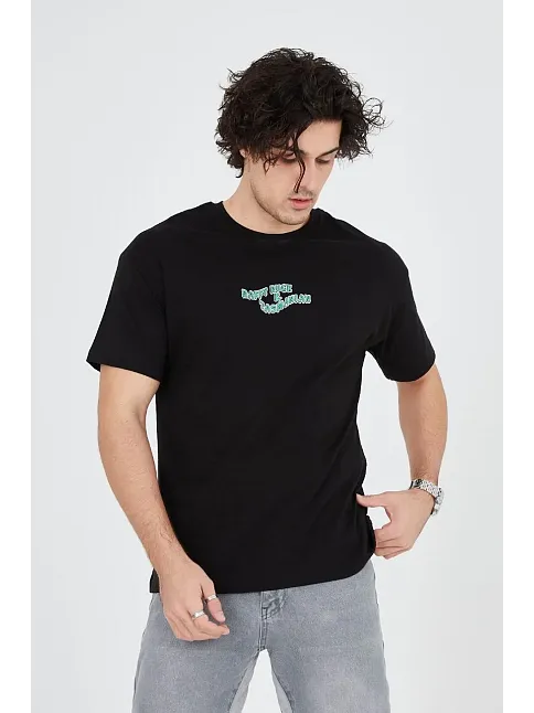 Erkek Baskılı T-shirt Kısa Kol Bisiklet Yaka Regular Fit Rahat Kalıp Günlük Tişört - Siyah