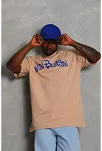 Erkek Baskılı Tişört Kısa Kol Bisiklet Yaka Oversize T-shirt - Bej
