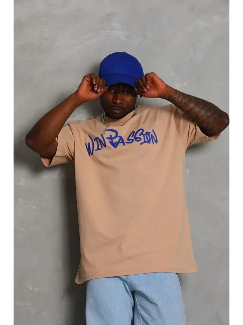 Erkek Baskılı Tişört Kısa Kol Bisiklet Yaka Oversize T-shirt - Bej